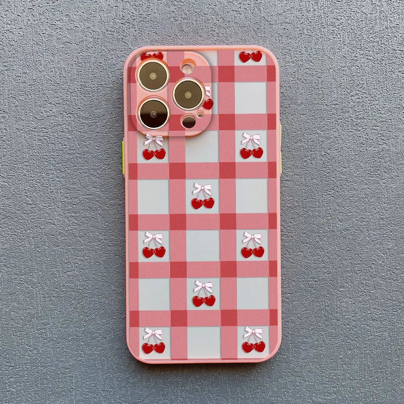 Cute Fashion Girl Cherry Grid Pattern Phone Case for iPhone 15 16 Pro Max Plus 14 11 12 13 Mini Pro Max X XS XR 7 8 Plus Covers