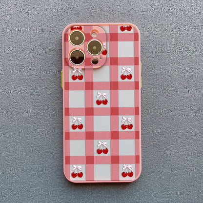Cute Fashion Girl Cherry Grid Pattern Phone Case for iPhone 15 16 Pro Max Plus 14 11 12 13 Mini Pro Max X XS XR 7 8 Plus Covers