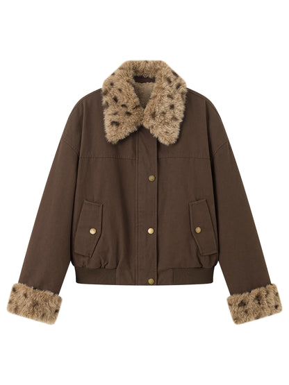 Winter Women Detachable Faux Fur Collar Short Utility Jacket