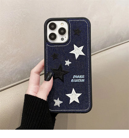 Cute Denim Fabric Embroidery Flower Winter Warm Phone Case For iPhone 15 14 13 12 11 16 Pro Max XS XR X Silicone Cover Protector