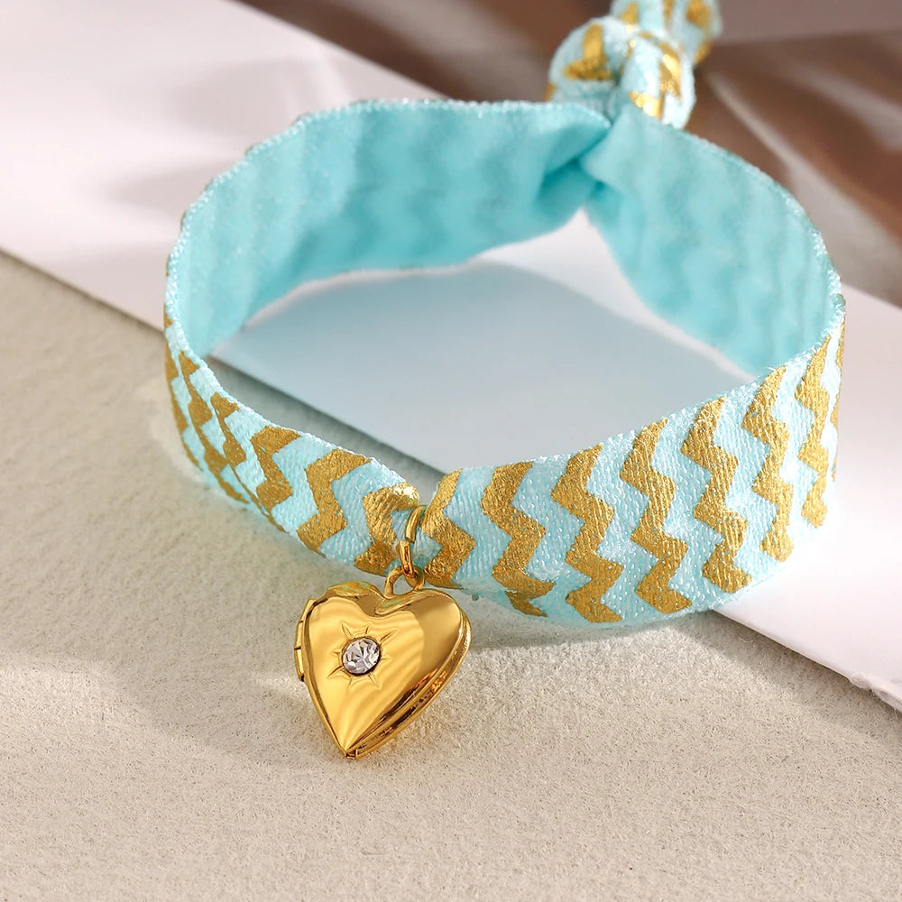 Bracelet Women Hand 18K Gold Plated Wide Blue Color Rope Heart