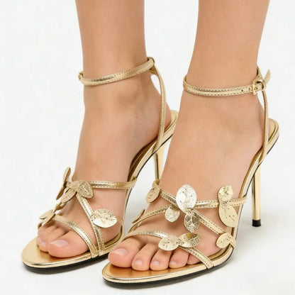 Brand Designer High Heels Women Gold Ankle Strap Fashion Sandals Female Open Toe Narrow