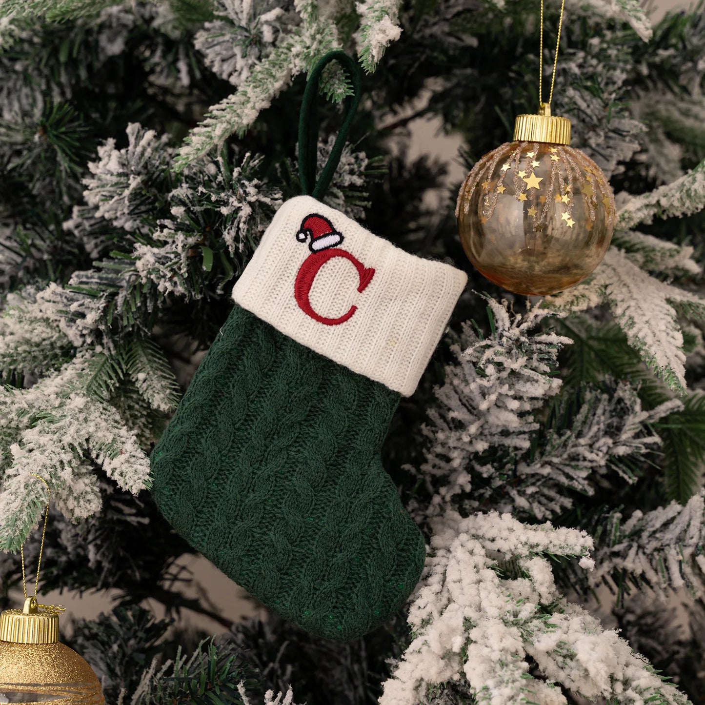 Green A-Z Letter Hanging Christmas Stockings Monogram Knitted Socks