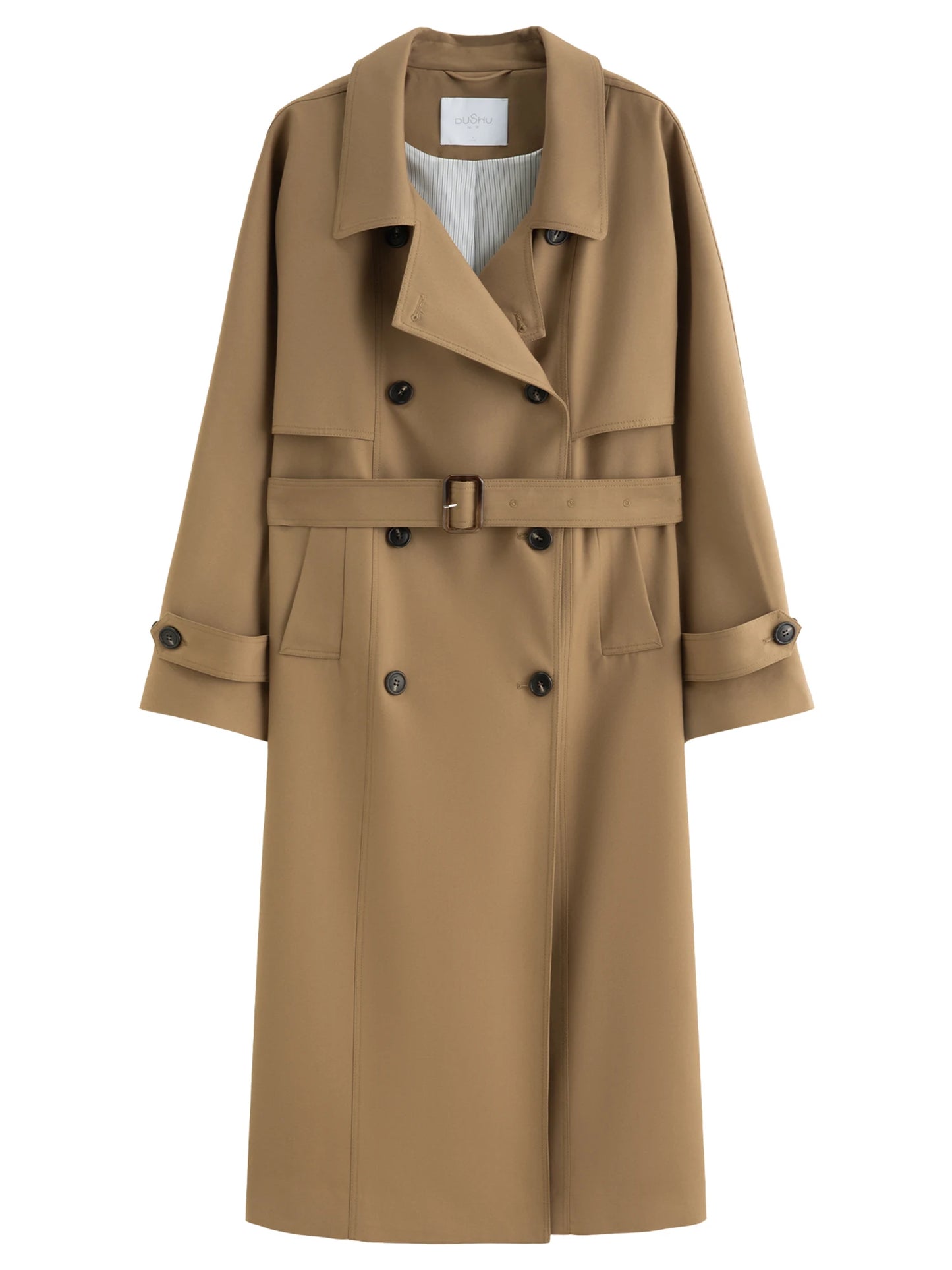 Classic Khaki Double Breasted Long Trench Coat - Spring Oversized Lapel Coat with Belted Waist for Casual and Office Wear