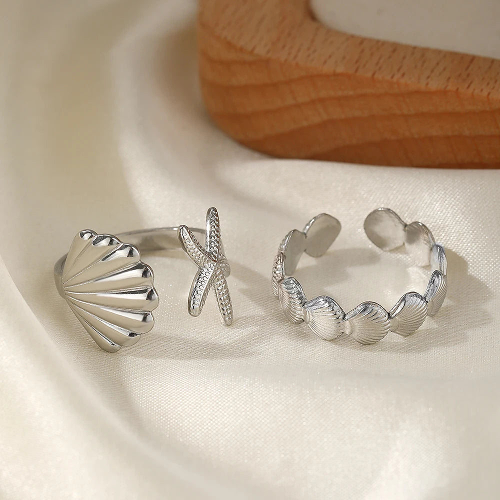 Rings Fashions steel Sea Star And Shell Ring Adjustable