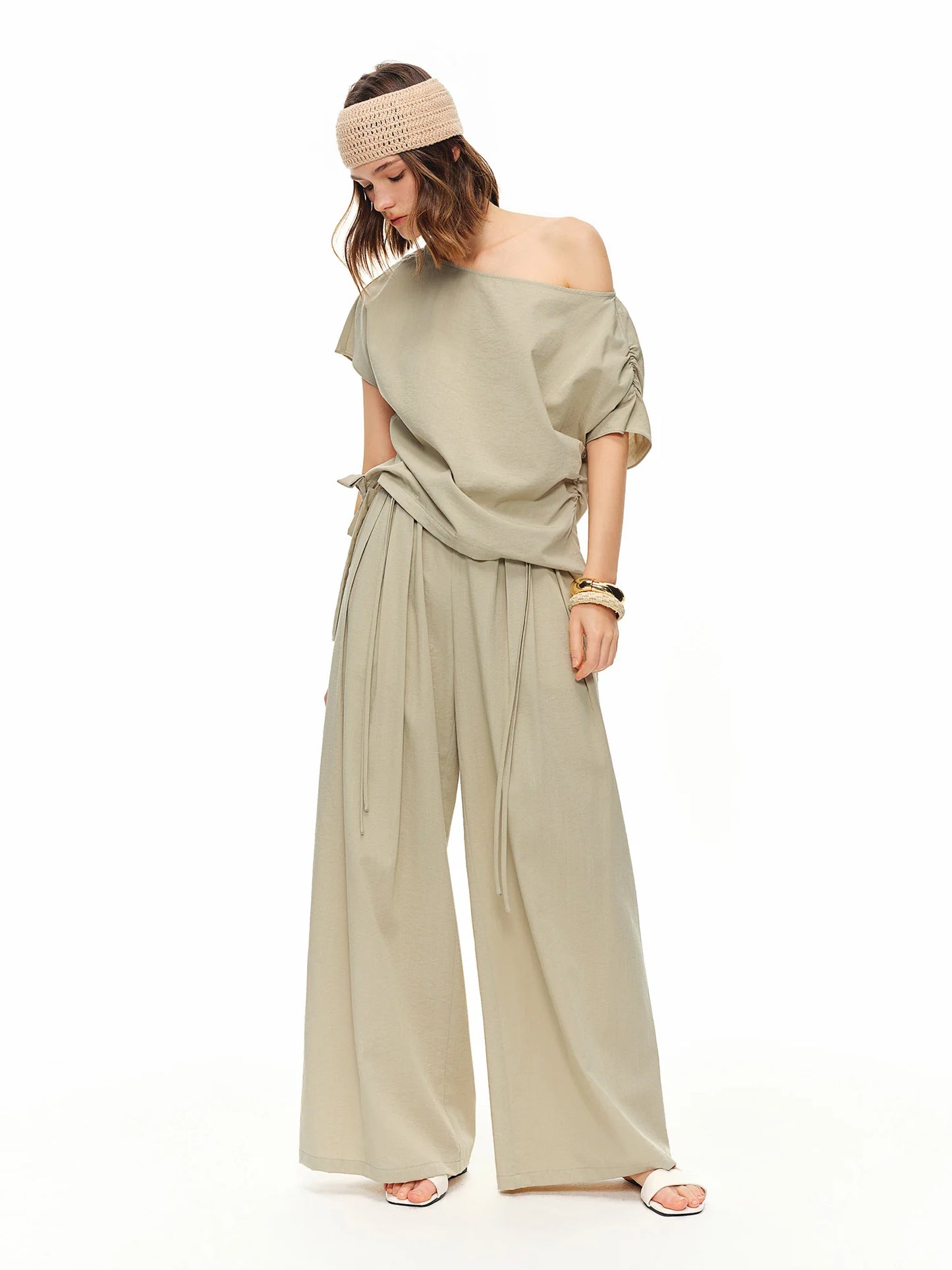 Women's Weekend Pleated Blouse Wide-Leg Pants Elegant Summer Lightweight Off-Shoulder Two-Piece Outfit
