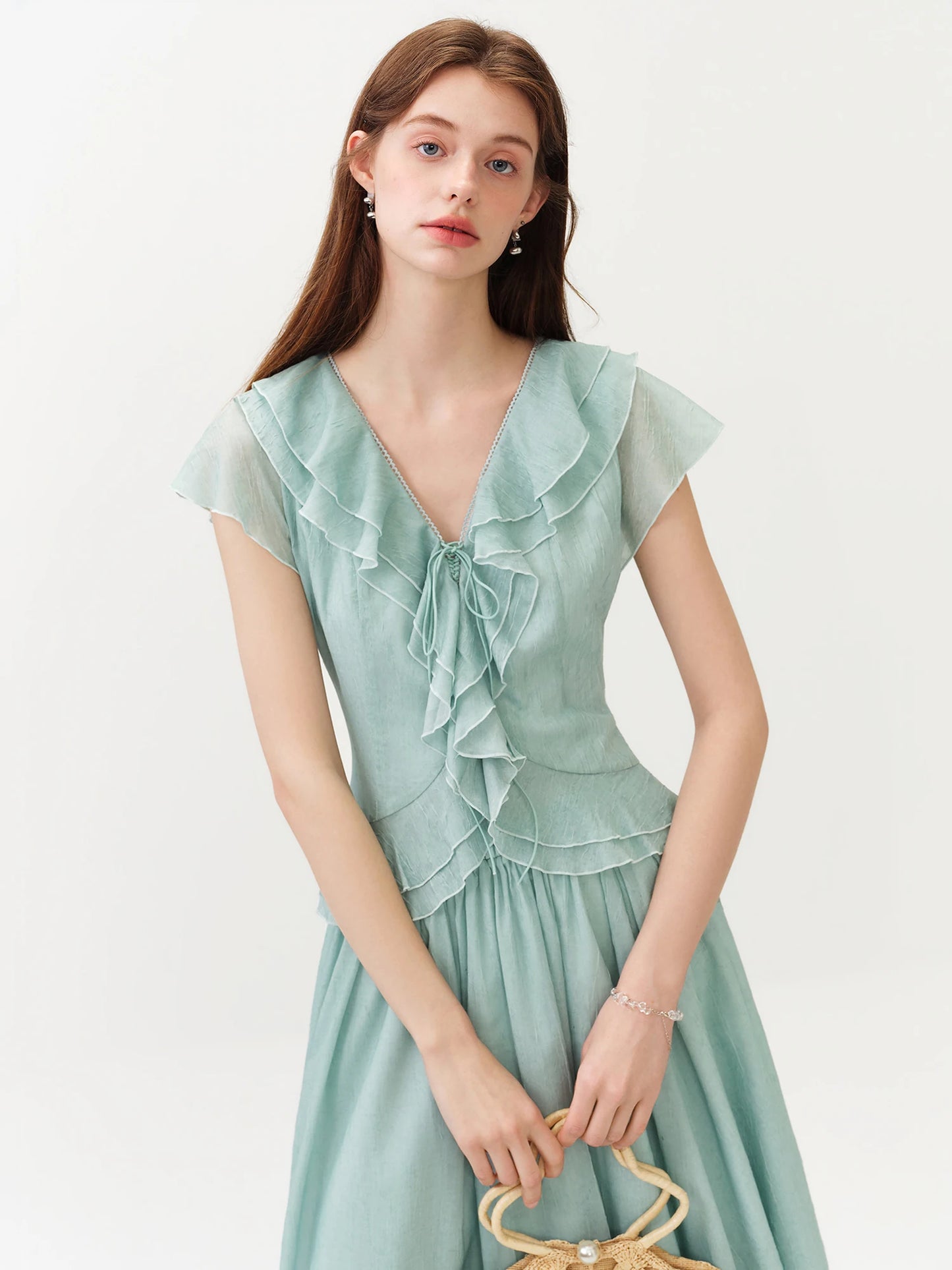 Mint Green Ruffled V-neck Chiffon Blouse and Skirt Women New Style Slimming Waist Solid Sets