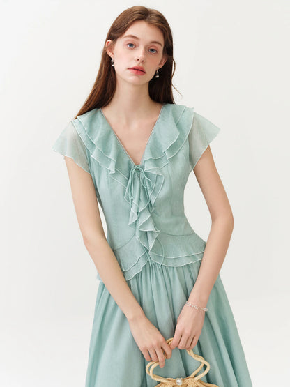Mint Green Ruffled V-neck Chiffon Blouse and Skirt Women New Style Slimming Waist Solid Sets