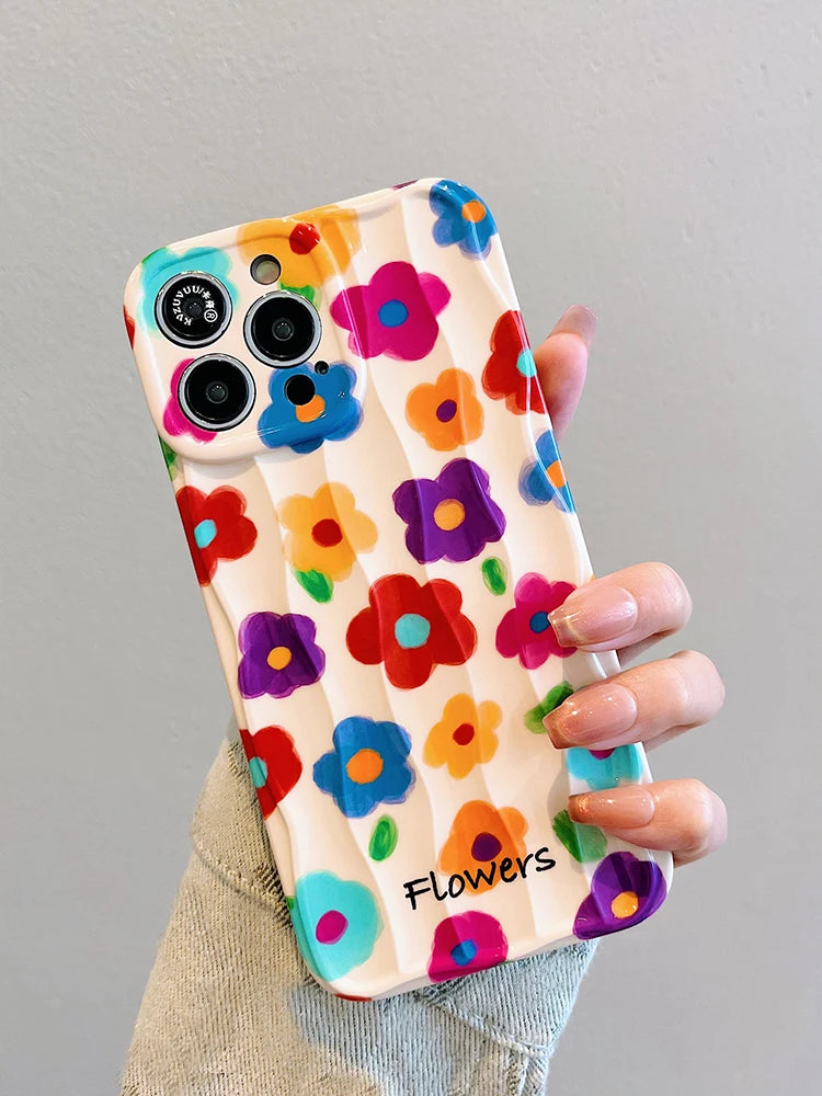 Retro Summer Garden Flowers Oil Painting Wave Back Cover For iPhone 11 12 13 14 15 16 Pro Max Case