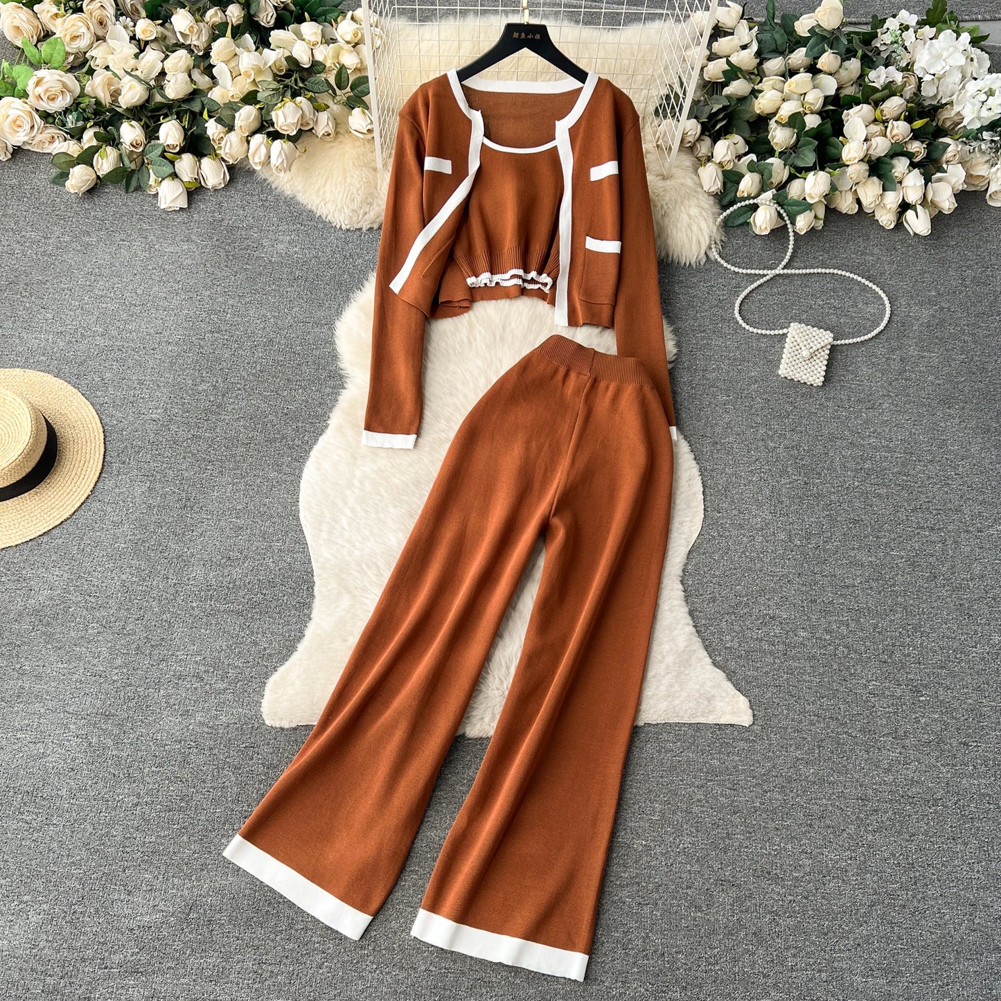 Autumn Knitted Three Pieces Sets Top+Long Sleeves Short Cardigan+Elastic Long Pants Fashion Sweater Set