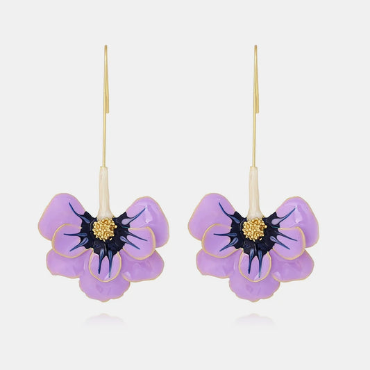 Long Drop Metal Enamel Petal Earrings For Women Cute Colorful Flower