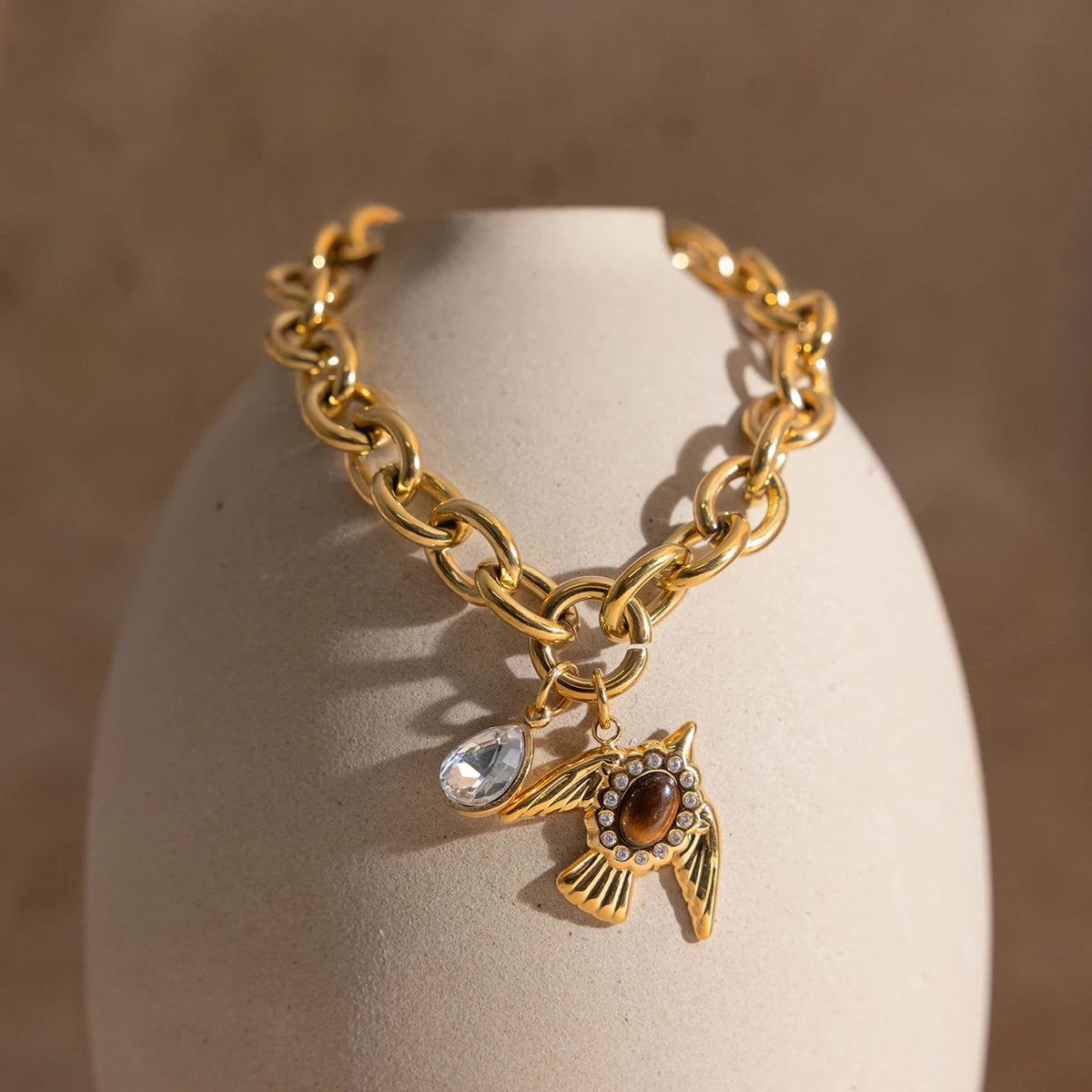 Vintage Tiger Eye Stone Bracelet For Women 18K Gold Plated Stainless Steel Anti-Fading