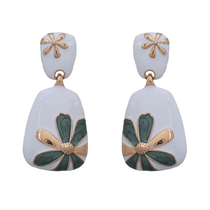 Enamel Flower Metal Dangle Post Earrings For Women