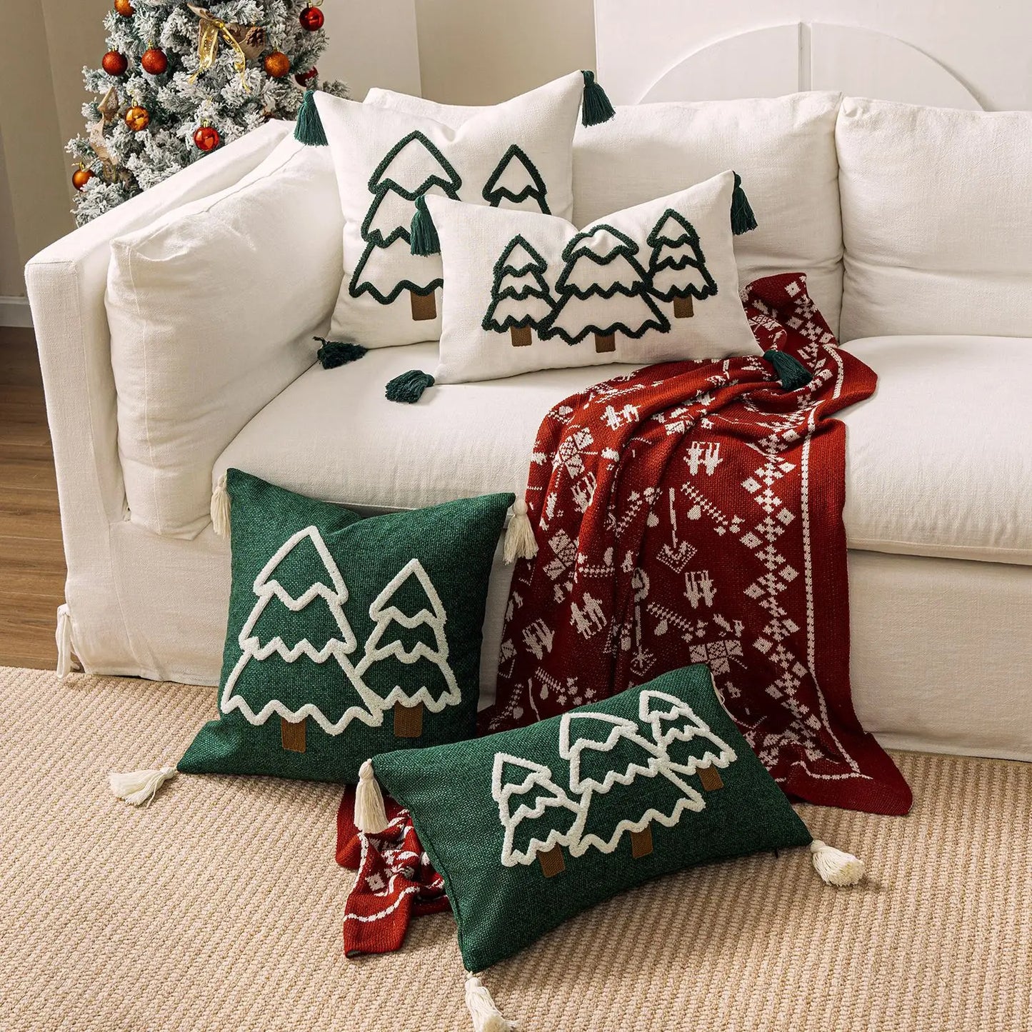 1PCS Christmas Tree Canvas Pillow Cover Embroidered Hanging Ear Decorative Sofa Cushion Case for Festive Home Decor