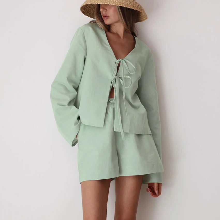 Relaxed Fit Women'S Cotton Pajamas Suit Green Tie Front Bell Sleeve Top And Elastic Waist Shorts Sleepwear Casual Loungewear