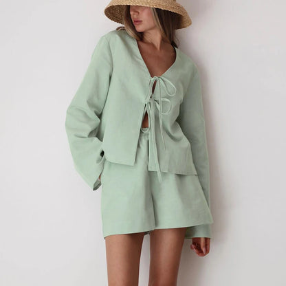 Relaxed Fit Women'S Cotton Pajamas Suit Green Tie Front Bell Sleeve Top And Elastic Waist Shorts Sleepwear Casual Loungewear