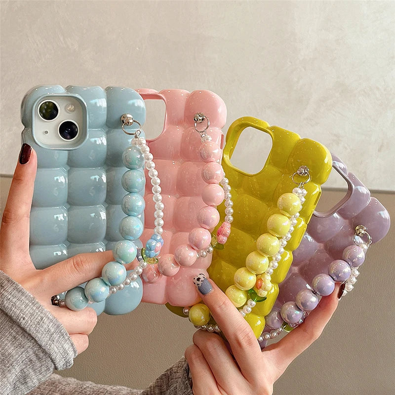 Luxury Pearl Bracelet  3D Ice Lattice Case For iPhone 13 Pro Max 16 15 14 11 12 Phone Back Cover