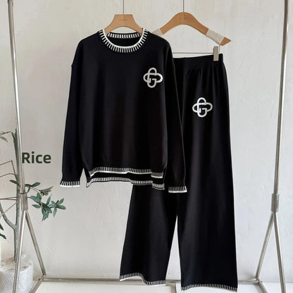 Women's Knitted Zipper Cardigan And Wide Leg Pants Two-Piece Set Spring Autumn