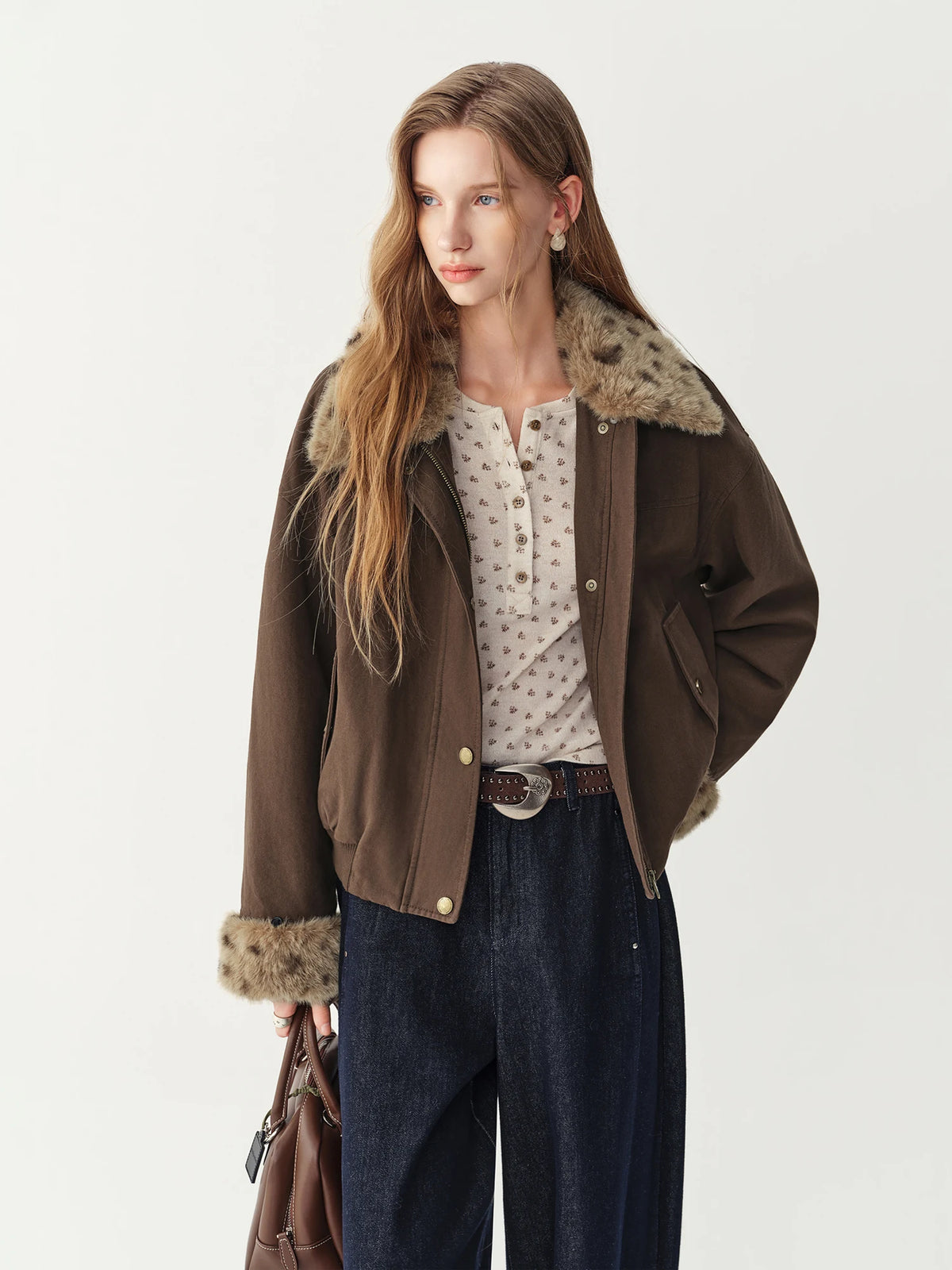 Winter Women Detachable Faux Fur Collar Short Utility Jacket