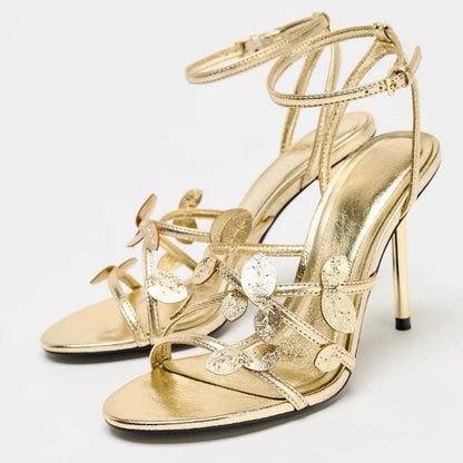 Brand Designer High Heels Women Gold Ankle Strap Fashion Sandals Female Open Toe Narrow