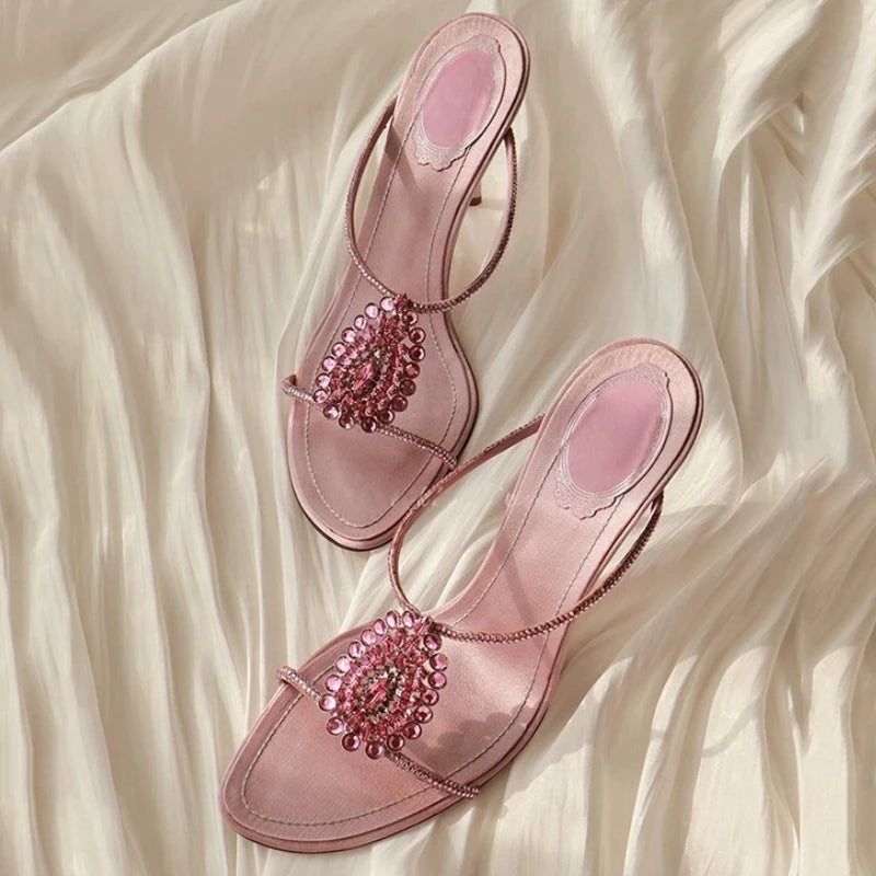 Luxury Diamonds Thin Heels Slippers Women Open Toe Summer Elegant Slides Pink Crystal Designer Brand Banquet Party Sandals Women