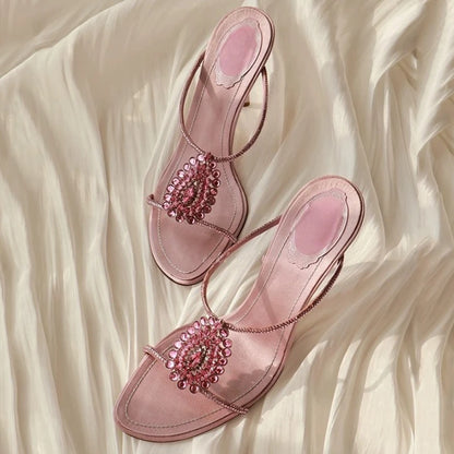 Luxury Diamonds Thin Heels Slippers Women Open Toe Summer Elegant Slides Pink Crystal Designer Brand Banquet Party Sandals Women