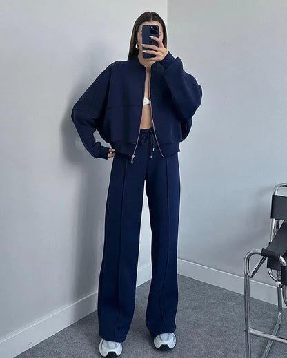 Two Piece Sets Round Fashion Simple Jacket Casual Straight Leg Pants Autumn Winter High Street Lady Suit