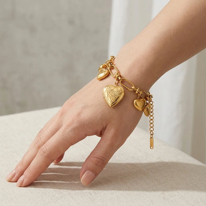 18K Gold Plated Heart Pendant Bracelet Stainless Steel Paperclip Jewelry For Women
