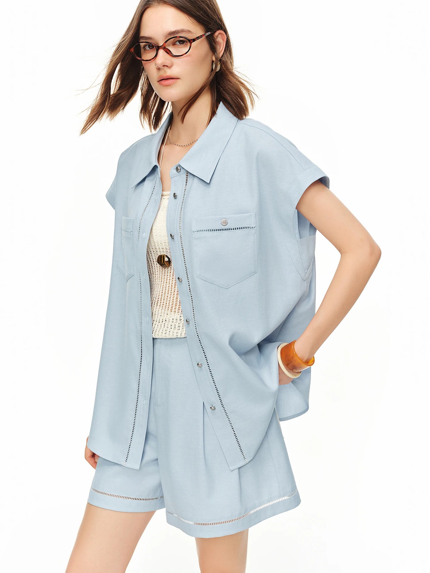 Summer Women Two Piece Shirt & Trouser Set, Relaxed Minimalist Matching Co-ord for Office Commute Quiet Luxury Style