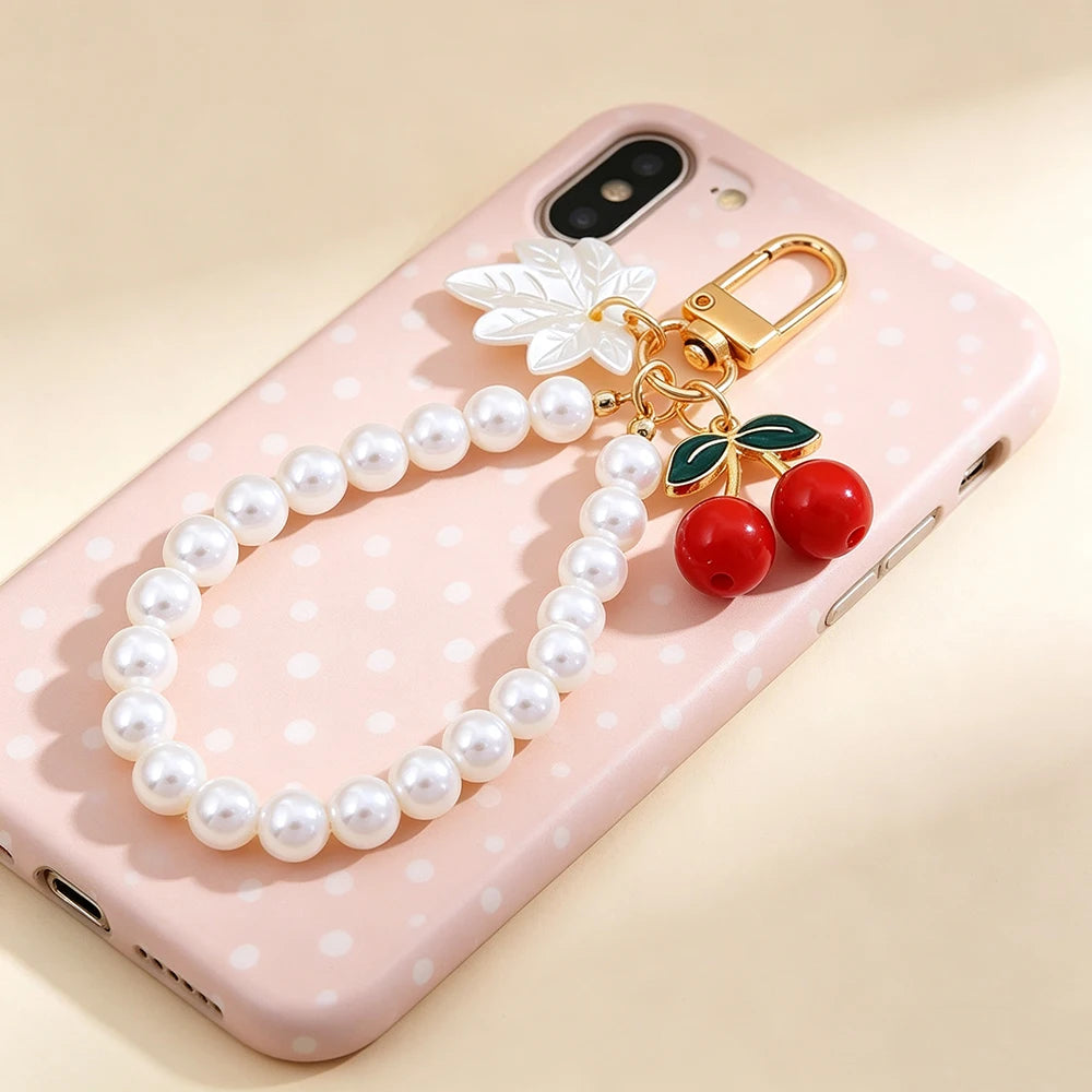 Elegant Imitation Pearl Wrist Phone Lanyard with Cherry Pendant Cute Bow Leaf Keychain Bag Charm Anti-lost Phone Strap for Women