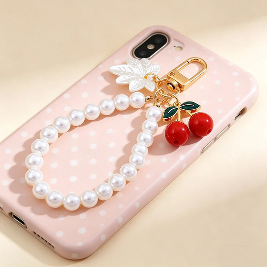 Elegant Imitation Pearl Wrist Phone Lanyard with Cherry Pendant Cute Bow Leaf Keychain Bag Charm Anti-lost Phone Strap for Women