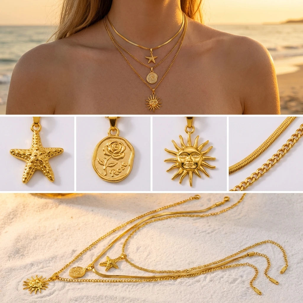 Stainless Steel Sun Starfish Pendant Necklaces Set for Women 3pcs Bohemia Multi-layers Rose Necklaces Waterproof Jewelry