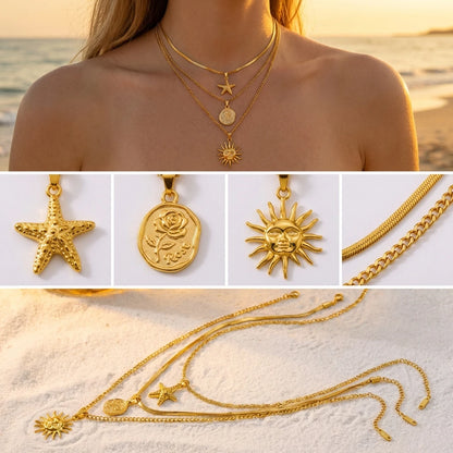 Stainless Steel Sun Starfish Pendant Necklaces Set for Women 3pcs Bohemia Multi-layers Rose Necklaces Waterproof Jewelry