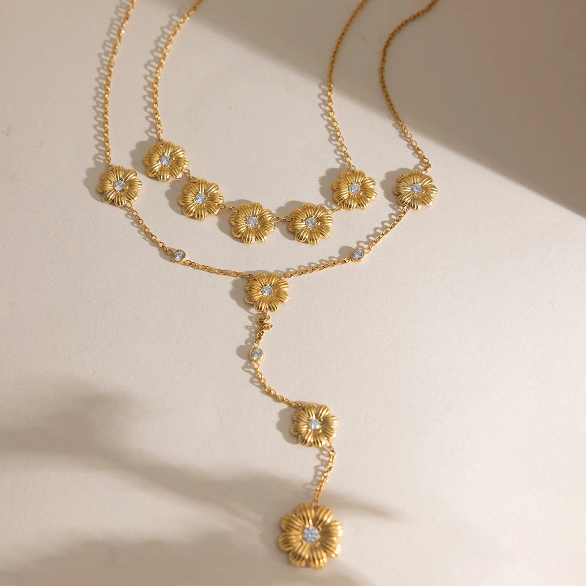 Sweet Flower Pendant Y-Shape Necklace Women's 18K Gold Plated Stainless