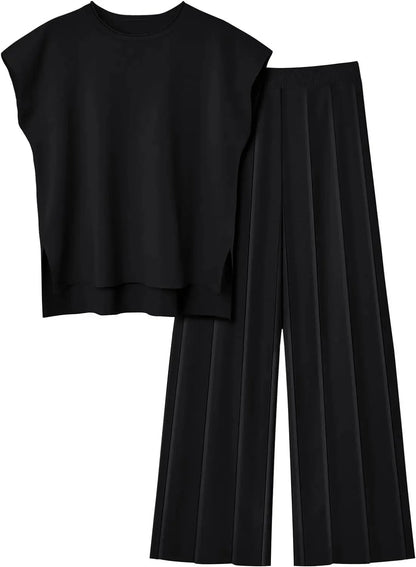 Casual Knitted Women's Set Sleeveless Vest Knitted Sweater plus Wide Leg Pants
