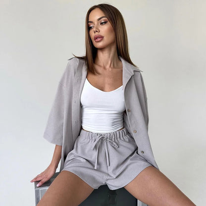 Summer Elegant Cotton Linen Shorts Suits