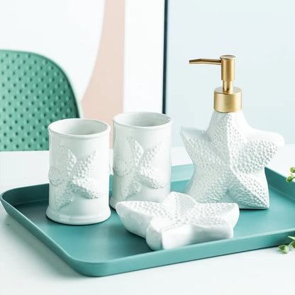 Porcelain Bathroom Set Bathroom  Ceramic Starfish Shell Soap Dispenser Gargle Cup Bathroom Accessories Shower Gel Divided Bottle Soap Dish