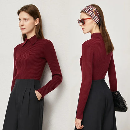 Minimalism Sweater for Women Autumn New Office Lady Basic Lapel Striped Slim Knitted Tops