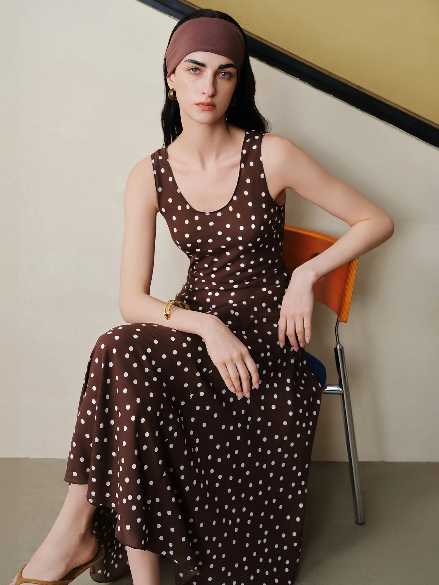 Diagonal Cut Retro Polka Dot Chiffon Slip Dress for Women 2026 Summer New Style U-neck Vest Dress Vintage Commuting