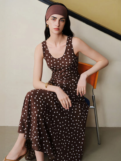 Diagonal Cut Retro Polka Dot Chiffon Slip Dress for Women 2026 Summer New Style U-neck Vest Dress Vintage Commuting