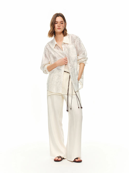 High-waisted Wide-leg Trousers Women Commuting Trendy Casual and Breathable Beige Pants for Summer