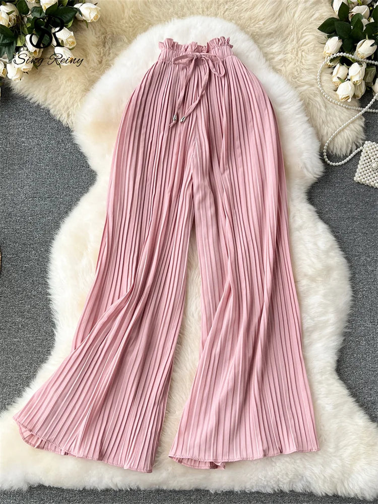 Basics Casual Pants Women Summer Oversize Draped Wide Legs Pants High Waist Solid Long Pleated Trousers