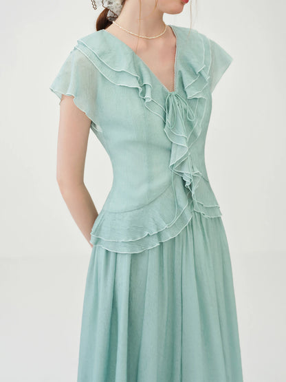 Mint Green Ruffled V-neck Chiffon Blouse and Skirt Women New Style Slimming Waist Solid Sets