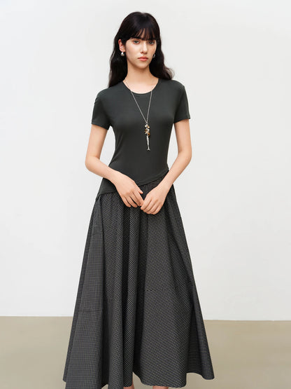 Summer Women Bias-Cut Patchwork Midi Dress Short Sleeve Lyocell Shirt Dress Urban Commute Modern Minimalist Style