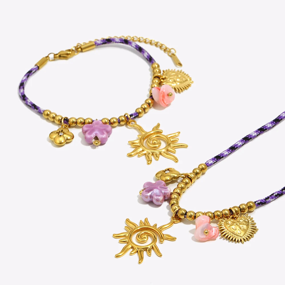 Set Hollowed Sun Pendant Charm Purple Flower Necklace Bracelet Cute Statement Daily's Jewelry