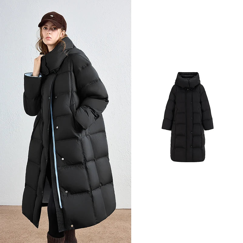 Women Down Jacket New Long Thick Nordic Outdoor Hooded White Duck Down Baffleless Down Proof Outerwear