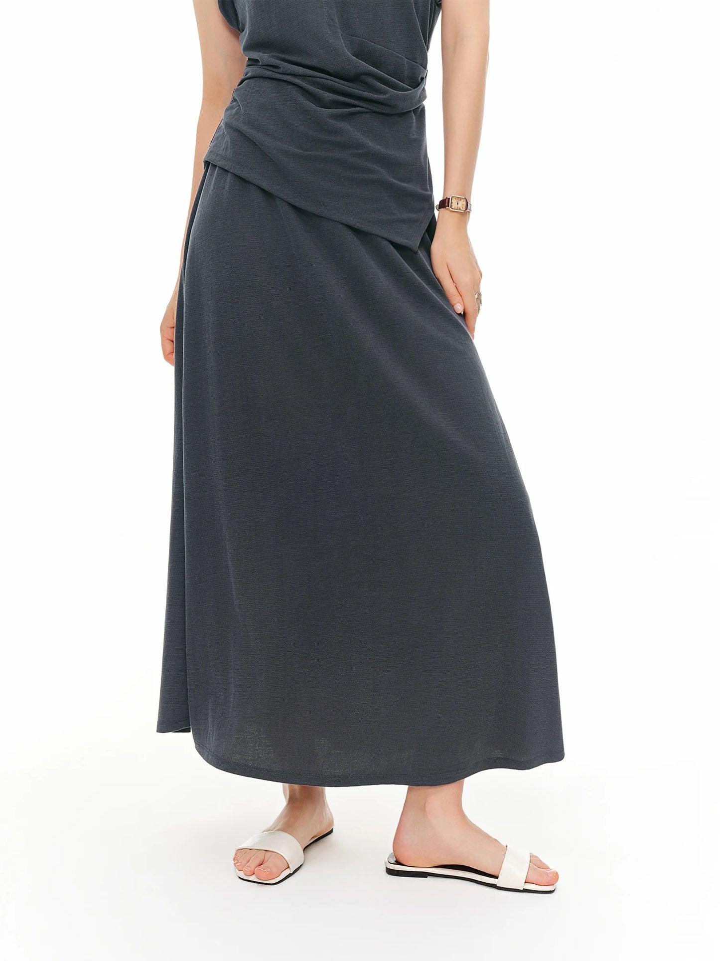 Women's New Minimalist Urban Two-Piece Set Simple Premium Short Sleeves Top Long Skirt Outfit Multi-Size Sets