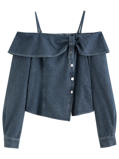 Spring Sweet Bow Denim Skirt Set Women Irregular Bodycon Slash Neck A-line Modern Urban American Style Vintage