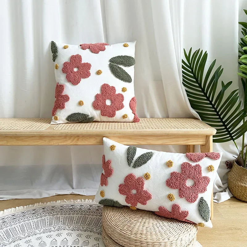 Style Flower Loop Tufted Cushion Cover Pink Plant Embroidered Decorative Pillows