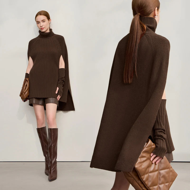 Women's Sweater New Modern Turtleneck Long Pullover Sweater Knit Solid Versatile Women's Cape Tops